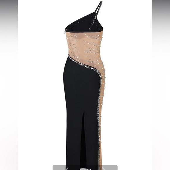 BLACK HEART SHAPED RHINESTONE PEARL NUDE MESH ONE SHOULDER FULL LENGTH GOWN XL - Picture 12 of 16